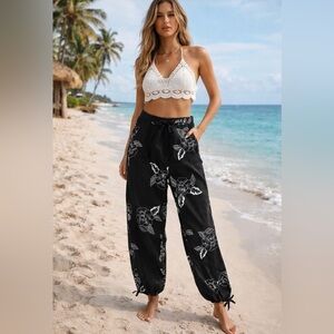 JPR Outfit Pure Linen Black White Floral W/Sequence Ankle Pants Beach Size M.